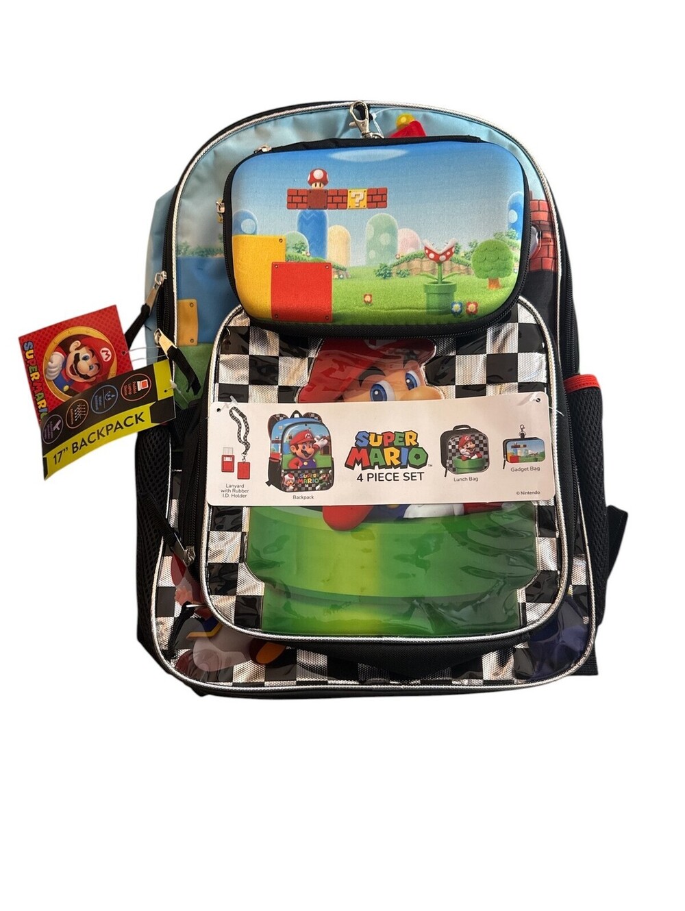 Nintendo Super Mario Backpack Kids 17 Inch 4 Piece Set Lunch Gadget Lanyard